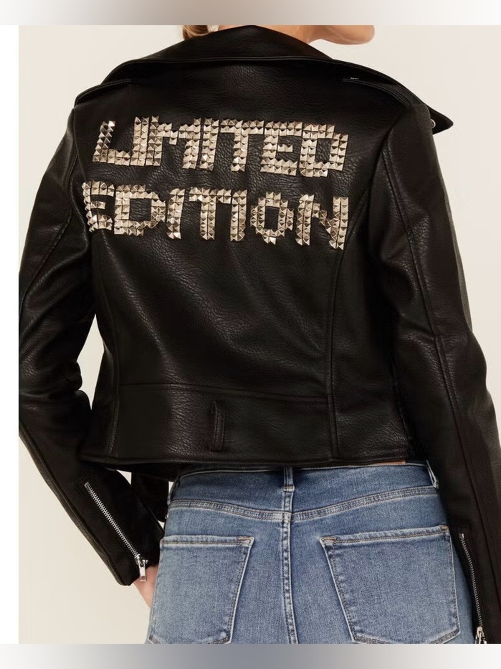 Black Studded 'Limited Edition' Faux Leather Biker Jacket